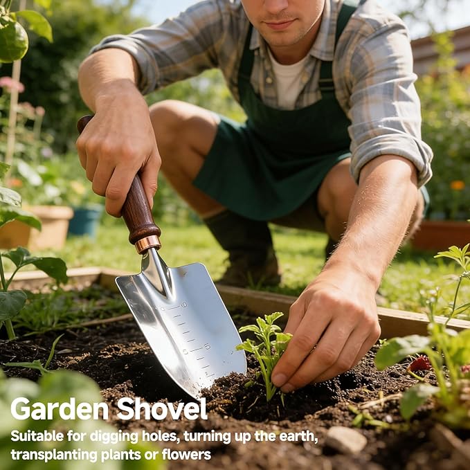 Garden Tools, 4 Pack Garden Shovel with Wooden Handles Hand Tools with Transplanting Hand Shovel, Rake and Root Picker Ideal for Digging and Planting