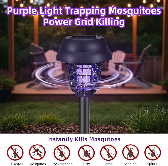 Solar Bug Zapper Outdoor Waterproof Mosquito Zapper Repellent Outdoor Patio,Auto On/Off Purple or White Light, Solar Powered Gnat Flying Insect Bug Zappers for Yard, Garden, Backyard, Pathway
