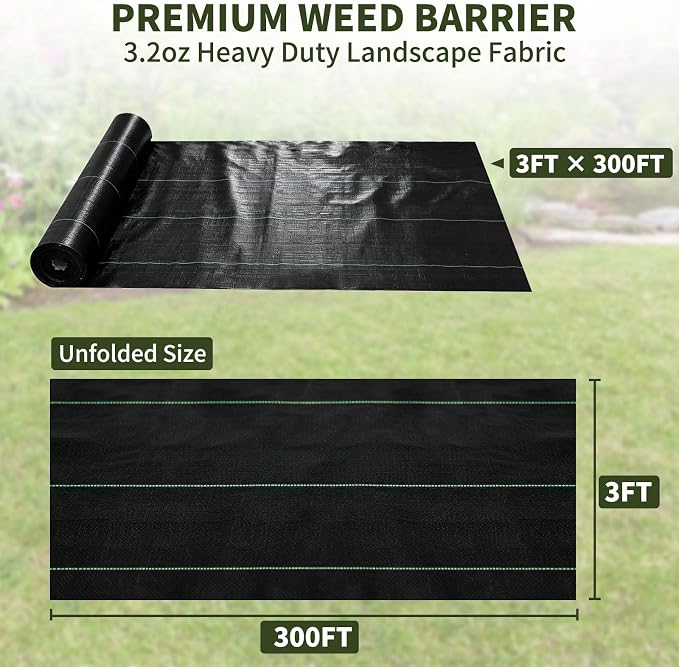 EXTRAEASY 3ft x 300ft Weed Barrier Fabric, Heavy Duty Landscape Fabric, 3.2oz Weed Control Fabric, Tear-Resistant Weed Blocker Ground Cover for Garden, Gravel, Driveway, Flower Bed