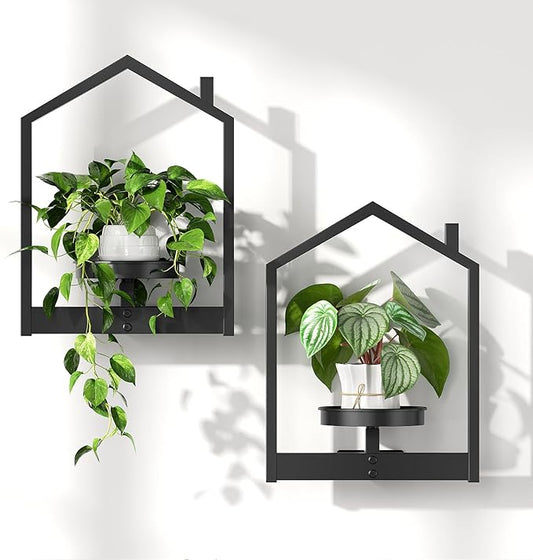 HOOBRO Hanging Planters for Indoor Plants, Wall Plant Holder Set of 2, Plant Hanger Indoor Window Plant Shelves, Metal Frame, Space Saving, for Living Room Outdoor Entryway, Black BK08HJP201