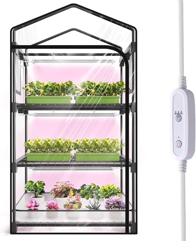 Indoor Greenhouse with Grow Light, 3-Tier Plant Stand with PVC Tent, Ventilation Window, Bottom Pouch, 20W Full Spectrum Grow Light with Timer, for Seed Starting, 27" L x 19" W x 49" H