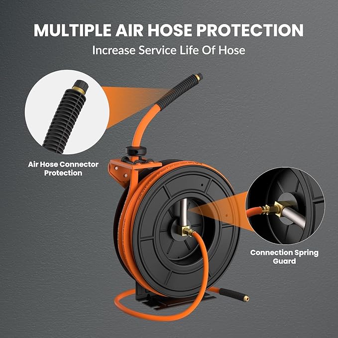 Giraffe Tools TA10 Retractable Air Hose Reel Swivel with 3/8 in. x 25 ft Hybrid Hose Max 300 PSI, Industrial Wall Mounted Compressor Hose Reel Heavy Duty, Air Compressor Heavy Duty Steel Reel