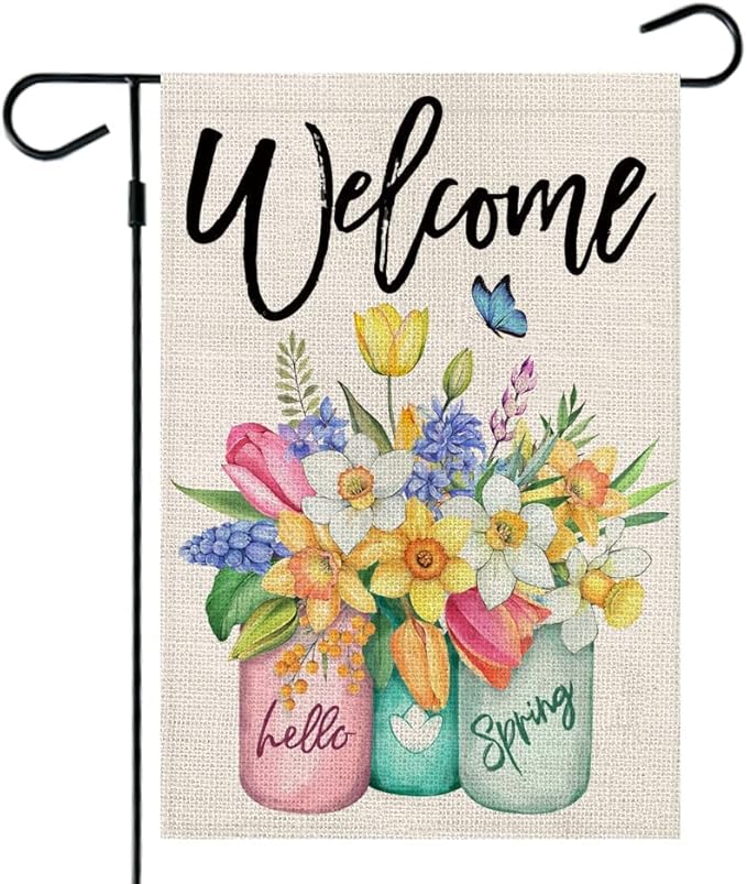 CROWNED BEAUTY Spring Garden Flag Floral Mason Jar Double Sided 12X18 Inches Burlap for Outside Seasonal Yard