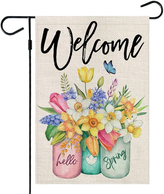 CROWNED BEAUTY Spring Garden Flag Floral Mason Jar Double Sided 12X18 Inches Burlap for Outside Seasonal Yard