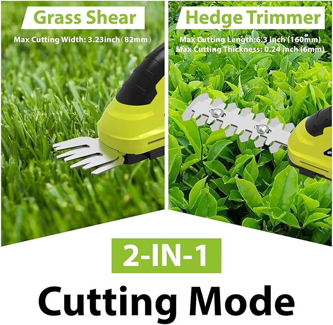 Grasstigon Hedge Trimmer Cordless Grass Shear Handheld Grass Trimmer, 2 in 1 Electric Bush Trimmer, 7.2V Lightweight Rechargeable Shrub Trimmer for Garden Yard Lawn, Type-C Cable Included (Green)