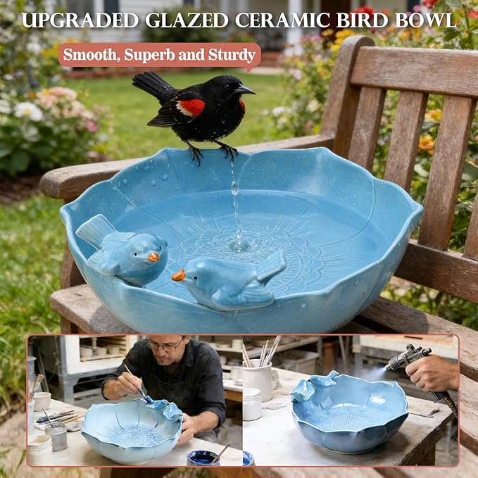 Ceramic Bird Bath for Outdoors, 10.1” Glazed Ceramic Bird Baths Bowls and Feeders for Outside, UV/Frost-Resistant Finish Ground Garden Table Top Bird Baths Decor for Patio Yard Home Green