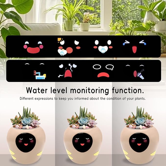 Smart Plant Pot with Expression, AI Intelligent Flower Pot for Indoor Decoration, Smart Garden Pot with Water/Light/Temperature Sensors, Ivy AI Planter (Pink（Big）)