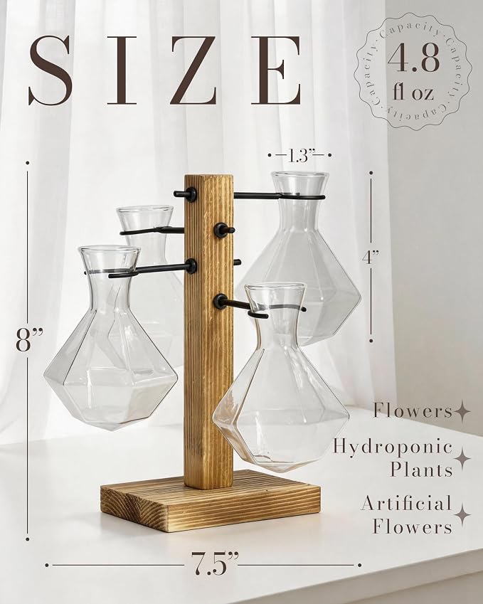 Plant Propagation Stations with Wood Stand, Plant Terrarium for Home Office Garden Decor, Gardening Gifts for Plant Lovers, 4 Glass Propagation Vases (Diamond Shape)