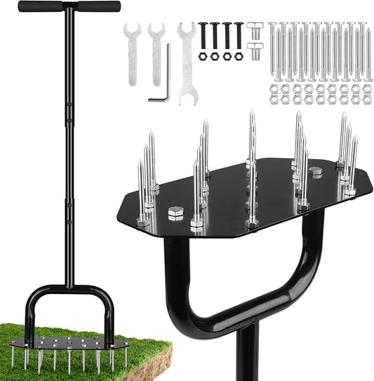 Manual Lawn Aerator with 18 Iron Spikes Heavy Duty Spike Aeration Tool for Grass, Yard, Garden Step Aerator Lawn Tool 37 Inch