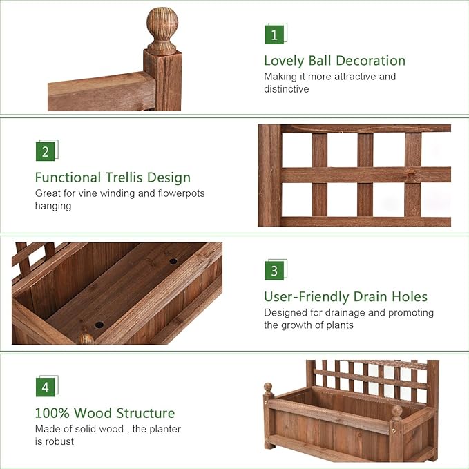 Giantex Set of 2 Wood Planter Free Standing Plant Raised Bed with Trellis for Garden or Yard (11" D X 25" W X 48" H)