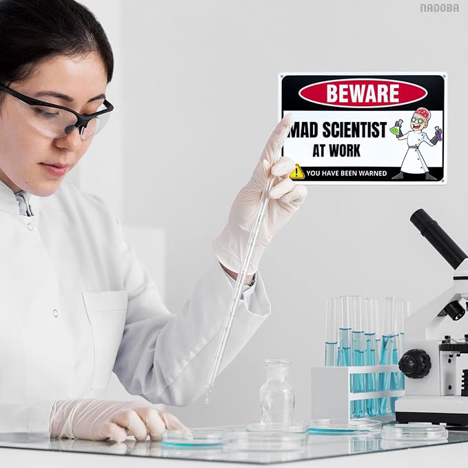 Mad Scientist at Work Desk Decor Tin Sign - Laboratory Posters for Wall - Metal Wall Decor - Science Gifts for Adults - Funny Science Classroom Decor - Party Decorations