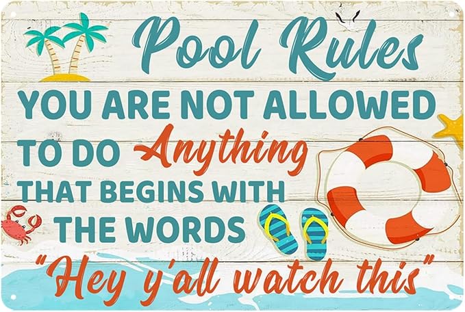 RESKEA Funny Pool Signs Pool Decorations Outdoor Pool Rules Sign Pool Deck Decor Pool Metal Signs Pool Patio Accessories For Beach, Home, Bar, Pool Deck, And Backyard Wall Decoration 8 X 12 Inches