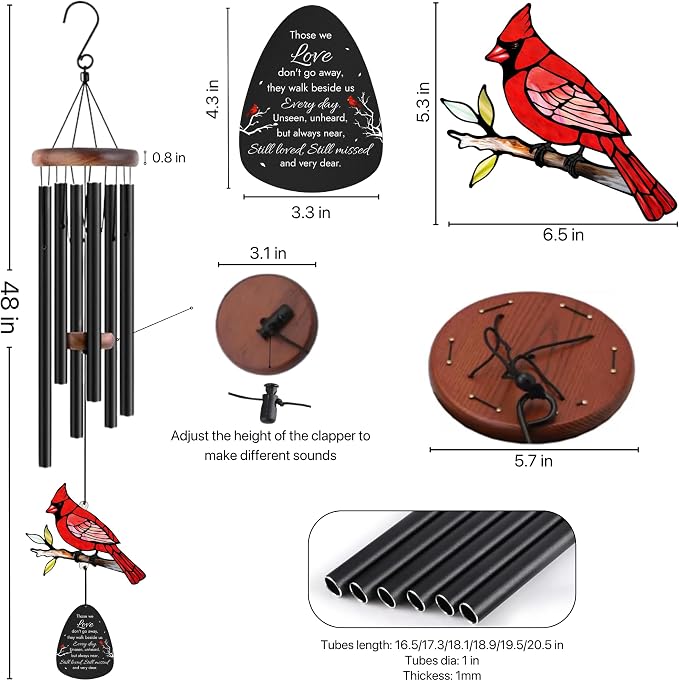Memorial Wind Chimes for Loss of Loved One, Sympathy Gifts for Loss of Mother/Dad/Husband - Cardinal Wind Chimes for Outside with Mute Option, in Memory of Loved One Gifts, Sympathy Wind Chimes 48''