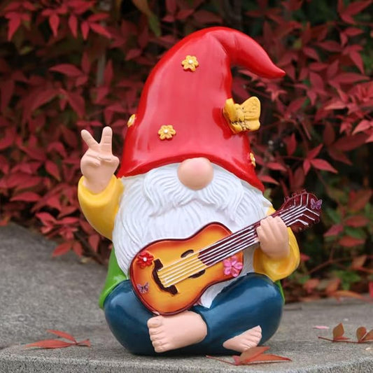 Hippie Garden Gnome Statue,Funny Gnome Figurine with Guitar -9.3‘’ Outdoor Resin Lawn Ornament,Unique Gift for House,Lawn,Patio and Porch, Gifts for Garden Lovers