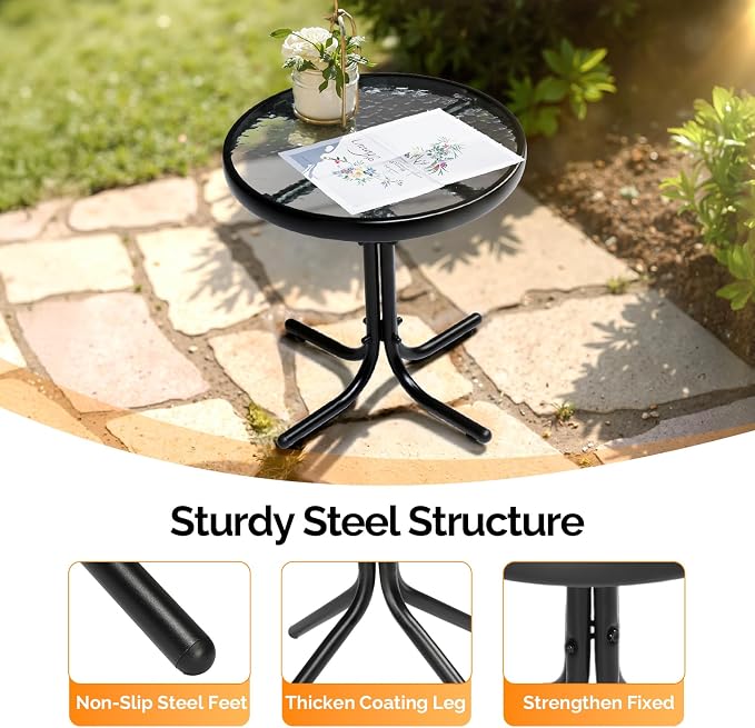 VINGLI Outdoor Side Table, 18" Patio Table Steel Frame Tempered Glass Top, Weatherproof Small Tables for Balcony Garden Poolside (Black, Round)