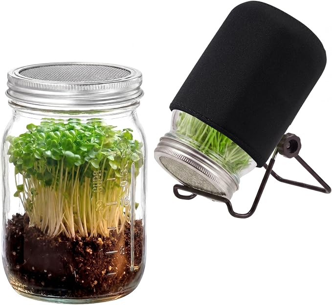 Seed Sprouting Jar Kit, 34oz Mason Wide Mouth Jars 2pc with 316 Stainless Steel Sprouting Lids, Drain Tray, Blackout Sleeves for Broccoli, Mung Beans, Pea, Cat Grass & Buckwheat