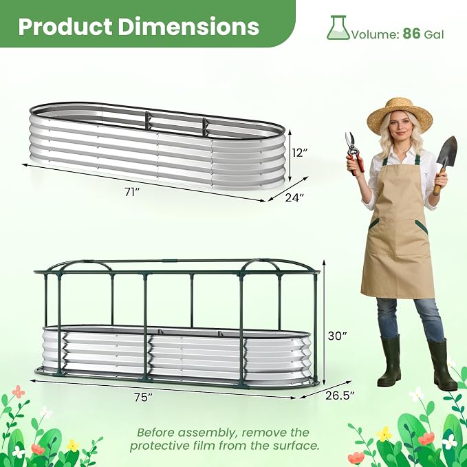 Giantex Raised Garden Bed w/Greenhouse Cover, Outdoor Oval Metal Steel Planter Box w/Roll-up Window, Clear PVC Mini Greenhouse for Vegetables Flowers Herbs Outdoor Patio Gardening, 6x2x1 FT (Silver)