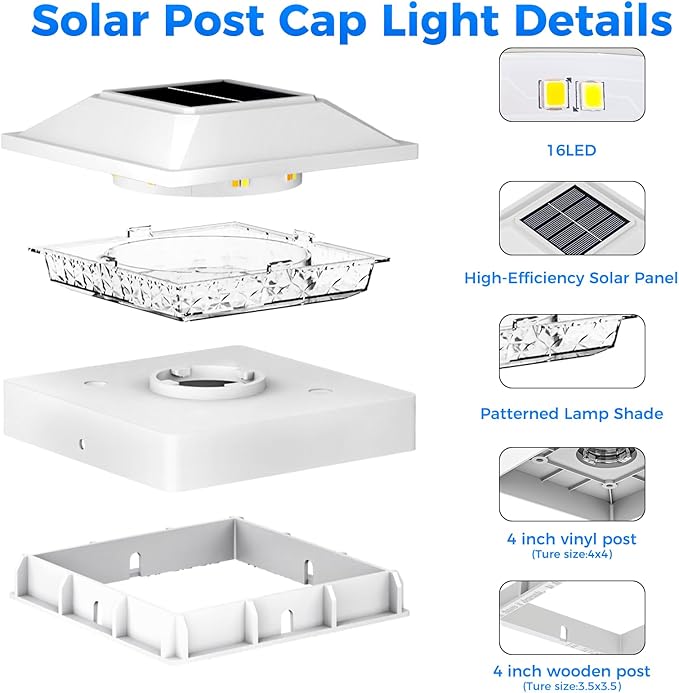 Peasur 4x4 Post Solar Lights 16 Pack, 2 Modes 16 LED Solar Post Cap Light Waterproof, Black Deck Fence Post Solar Lights Powered Outdoor, Fit 4x4 Wood/Vinyl Posts for Porch Patio