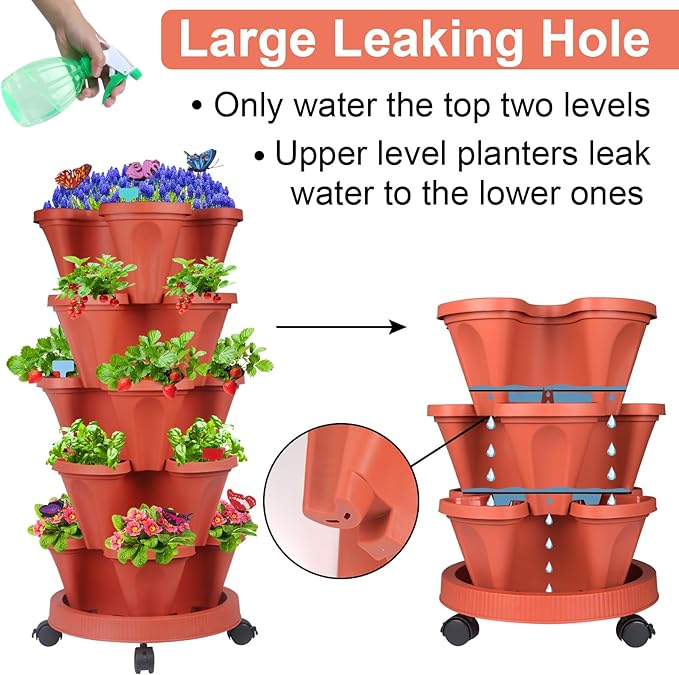 DUNCHATY Stackable Planters 6 Tier Vertical Garden Planting Tower Planters Strawberry, Herb, Flower, and Vegetable Planter Indoor Outdoor Gardening Pots with Removable Wheels and Tools