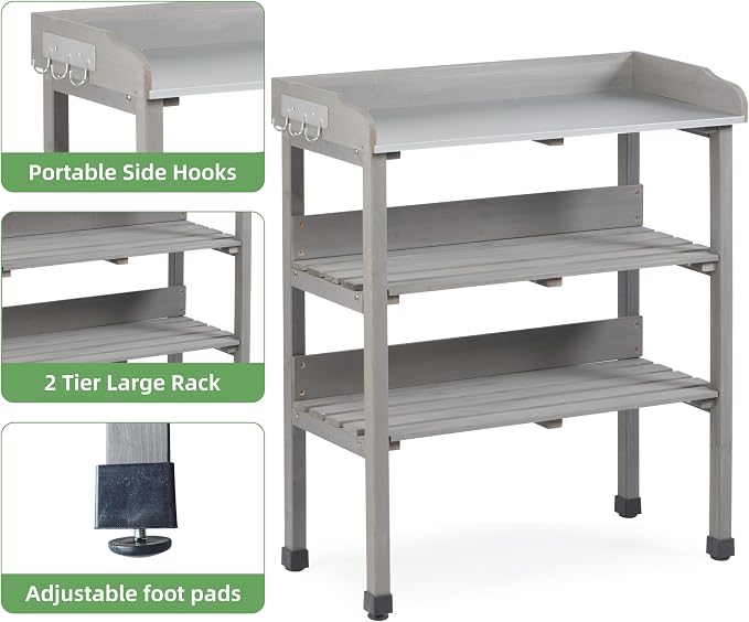 Outdoor Wooden Potting Bench Table, Garden Wood Workstation Planting Table with Metal Top, Storage Shelf, and 3 Hooks for Gardening, Grey