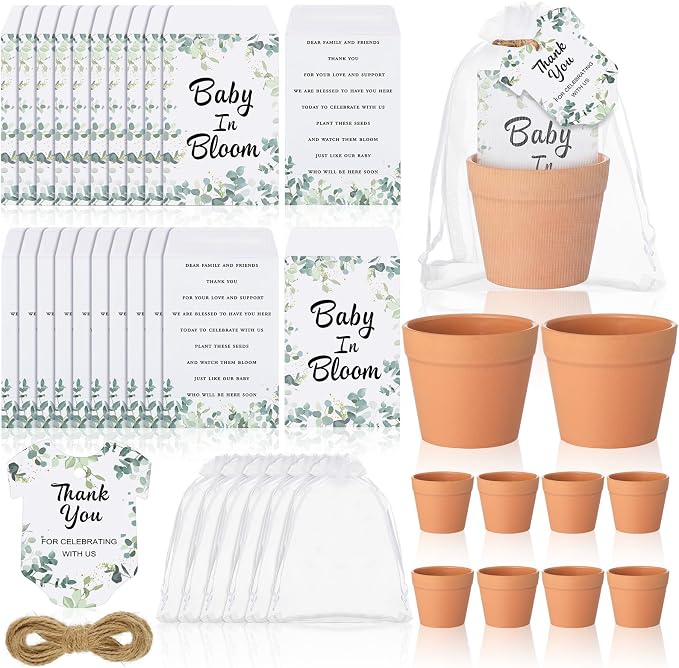 Ctosree 50 Sets Eucalyptus Leaf Baby in Bloom Baby Shower Seed Packets Favors for Guests Include Self Adhesive Seed Packets (No Seeds) Clay Plastic Flowerpot Thank You Tags Hemp Rope Organza Gift Bags