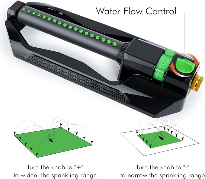 RESTMO Heavy Duty Oscillating Sprinkler with Metal Base, Adjustable Flow Control Lawn Watering System, Covers Up to 3,600 Sq. Ft. for Garden, Yard