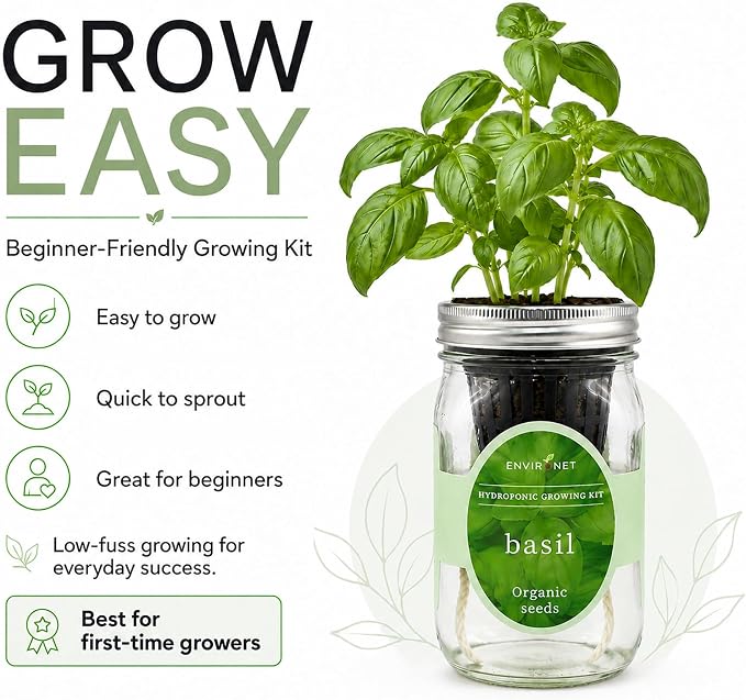 Hydroponic Growing Kit, Self-Watering Mason Jar Herb Garden Starter Kit Indoor, Windowsill Herb Garden, Grow Your Own Herbs from Organic Seeds (Basil)
