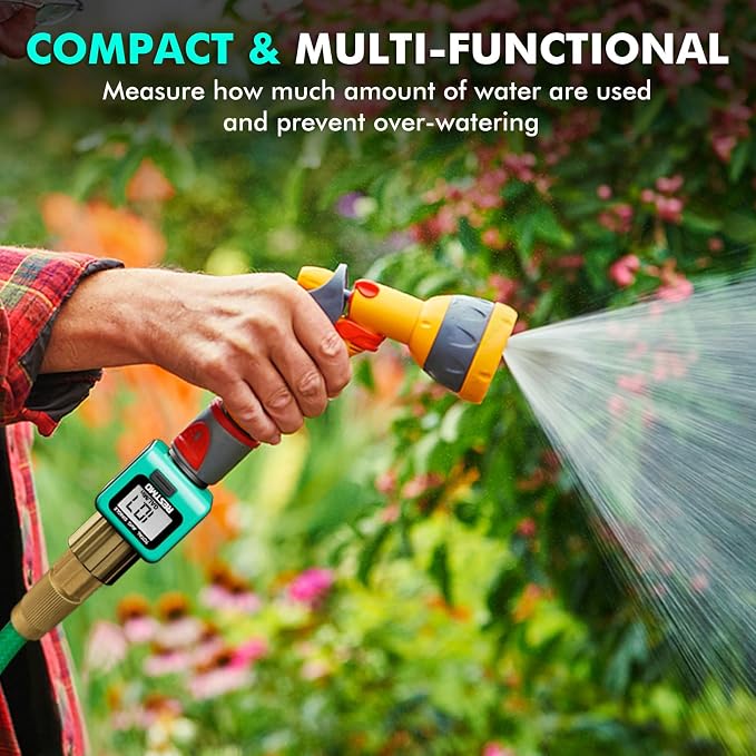 RESTMO Water Flow Meter with Brass Inlet Metal Thread, Measure Gallon/Liter Consumption and Flow Rate for Outdoor Garden Hose Watering, RV Water Tank Filling, Lawn Sprinkler and Nozzle Sprayer