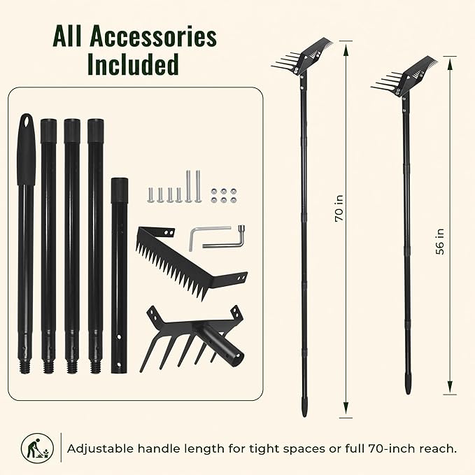 Gardzen 70" Garden Hoe for Weeding, Long Handle Hula Tool with Serrated Blade, Heavy Duty 2-in-1 Stirrup Scuffle Weeder, 5-Tine Cultivator Rake for Loosening Soil and Planting