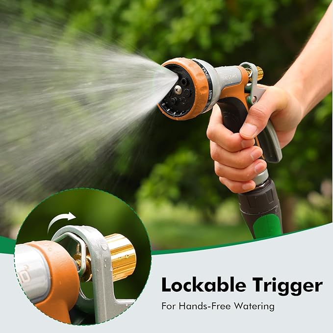 RESTMO Heavy Duty Metal Garden Hose Nozzle, Water Hose Nozzle with 7 Adjustable Spray Patterns, High Pressure Hose Sprayer with with Flow Control, for Plants & Lawns, Washing Cars & Pets, Orange