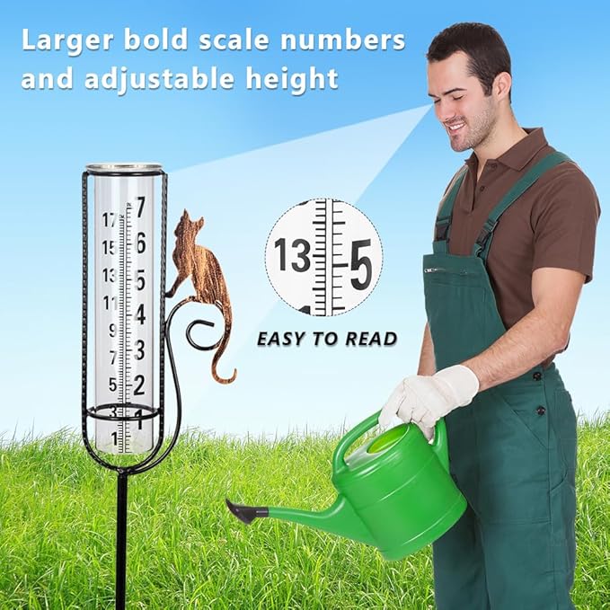 Rain Gauge Outdoor with 7 Inch Glass Tube, Rain Gauges Large Clear Numbers Measure Gauge for Yard, Garden, Lawn(Cat)
