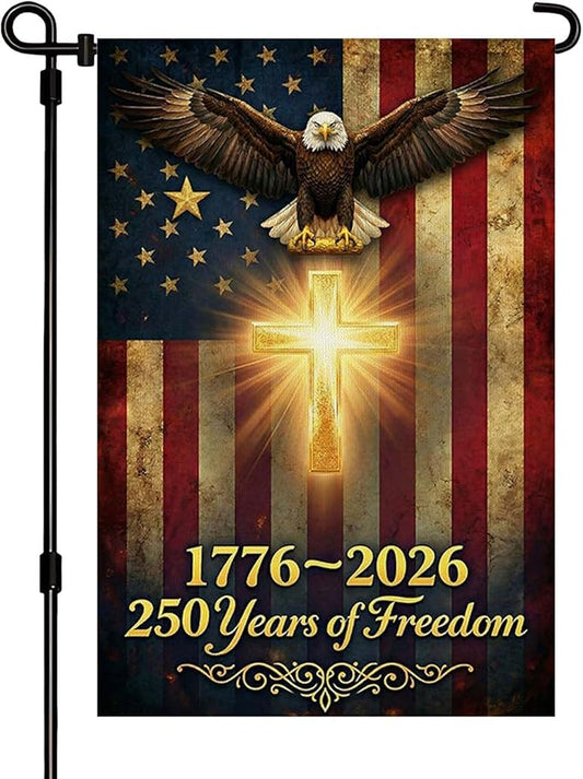 250 Anniversary USA Garden Flag, Double Sided Waterproof Patriotic Eagle Cross Flag 1776-2026, Christian Outdoor Yard Decor (12x18'')