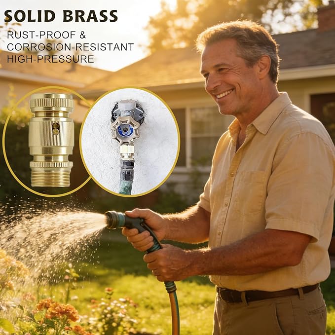 3/4 Inch GHT Solid Brass Garden Hose Quick Connect Fittings, Water Hose Connectors with Leak-Proof Seal for Outdoor Gardening and Cleaning Use (2, Gold)