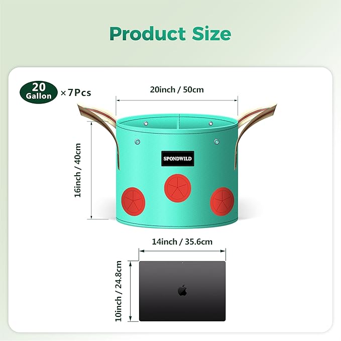 7 Pack 20 Gallon Grow Bags Heavy Duty 180G Thickened PE Plant Pots with 8 Breathable Holes