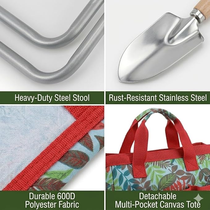 7-piece Garden Tool Set with Tote and Folding Stool Seat