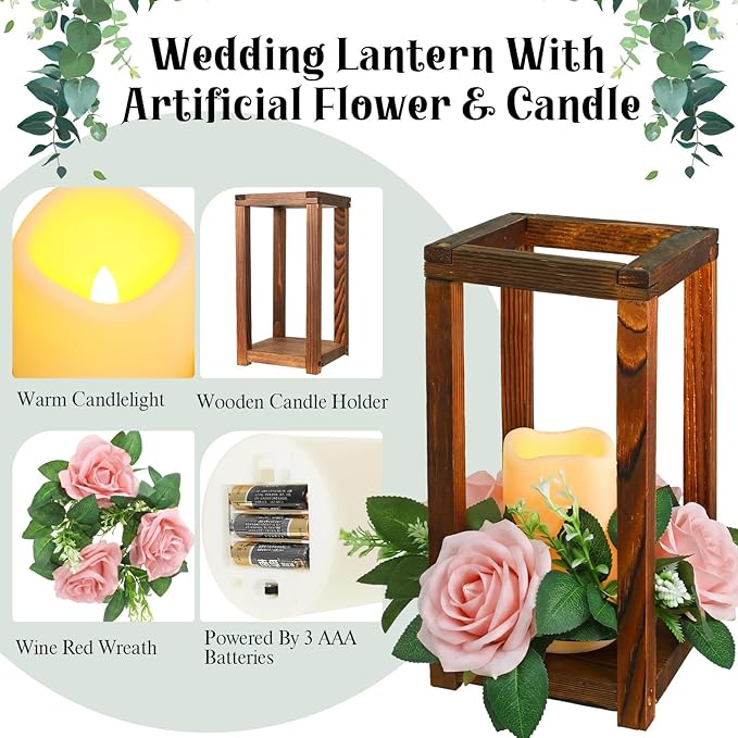 Hushee 30 Pcs Integrated Wedding Lantern Centerpiece Rustic Wooden Holder with Candles and Rings Farmhouse Candle Lantern Decor for Home Valentine Wedding Party Table Decor (Brown and Pink)