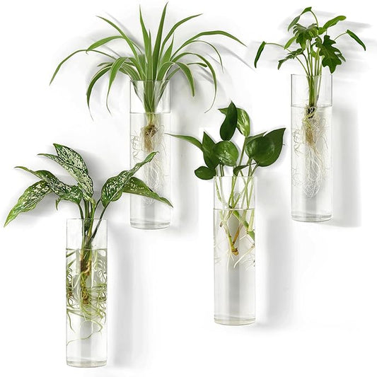 Mkono Propagation Station Wall Planter Hanging Glass Tubes Flower Vase for Hydroponics Plants, Bathroom, Home Office Living Room Decor Gift, Cylinder Set of 4(Plants not Included)