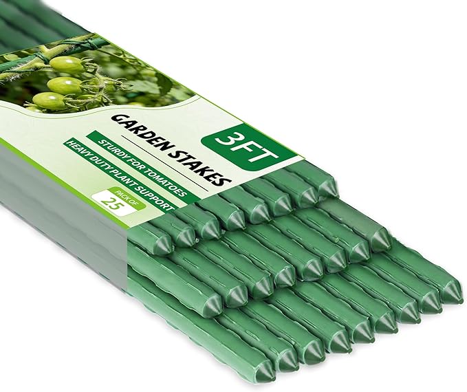 25 Pack Garden Stakes 3FT (36 Inch), Heavy Duty Steel Plant Support Stakes with Plastic Coating, Plant Sticks for Small Plants, Flowers, Vegetables, Potted & Indoor Outdoor Use