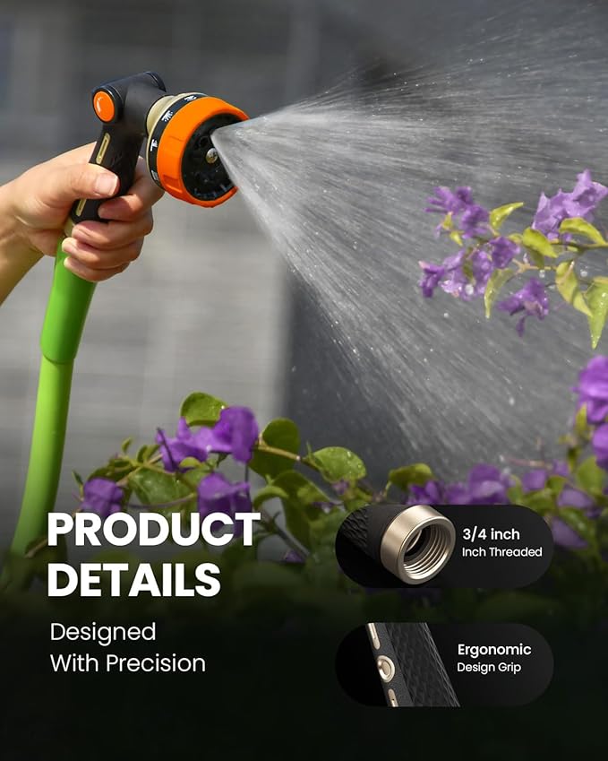 RAINPOINT Garden Hose Nozzle Heavy Duty - 100% Metal Thumb Control Spray Nozzles for Garden Hose High Pressure, 10 Patterns Water Hose Nozzle for Car Wash, Watering Lawn and Pets, Orange