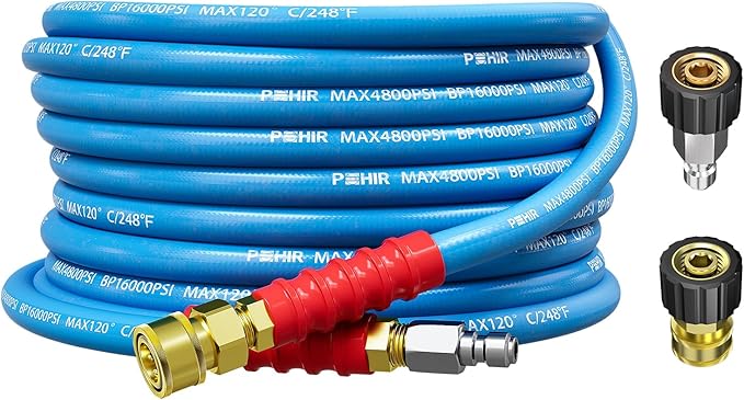 POHIR 25ft Pressure Washer Hose 3/8" 4800 PSI, No Marking Kink Free Hose with Quick Connect Ends and Adapters for Hot & Cold Water up to 248°F, Steel Wire Braided Hose for Power Washing
