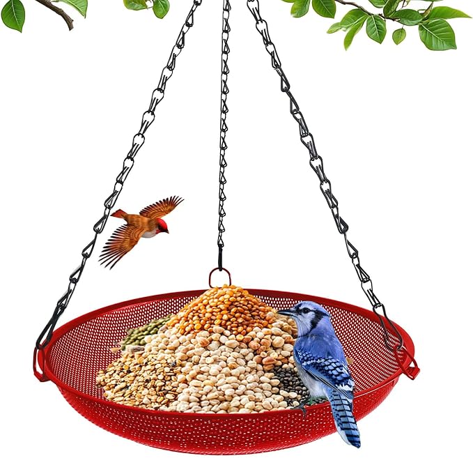Hanging Platform Bird Feeder, 12 in, Red | Metal Mesh Seed Tray, For Wild Birds, Outdoor Use