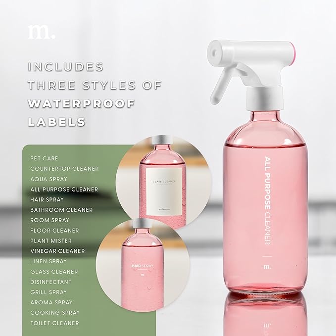 MAISONOVO Glass Spray Bottles 16 Oz Pack of 2 - Pink Spray Bottle For Hair with Fortified Glass & Fine Mist Pumps - Ideal for Salons, Barbers, Stylists, Pet Groomers & Daily Hair Care - 16 Labels