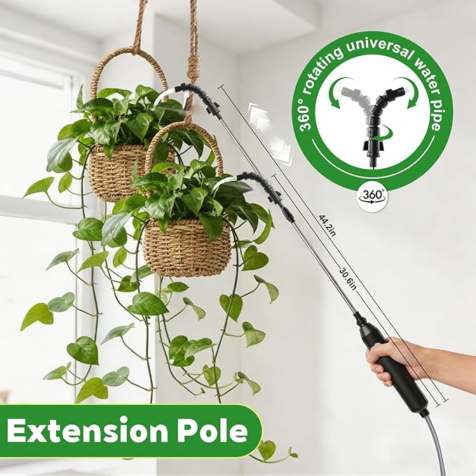 Electric High Reach Plant Waterer - Type C Wireless Hanging Plant Waterer, Battery Powered Sprayer Wand with Stainless Steel Telescopic (30.6"-44.2"), Indoor Watering Devices