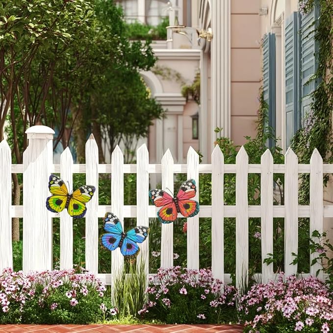 Hanging Butterfly Decorations Fence Decor 3 Pieces Metal Colourful Butterflies Outdoor Wall Art for Garden, Patio, Outside, Home, Farmhouse, Living Room, Dining Room, Rustic Country