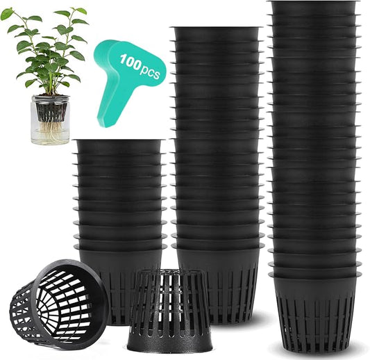 100PCS 2 inch Net Cups Pots, with 20 Plant Labels for Hydroponics Aquaponics Planter Indoor Outdoor Growing Baskets Slotted Mesh