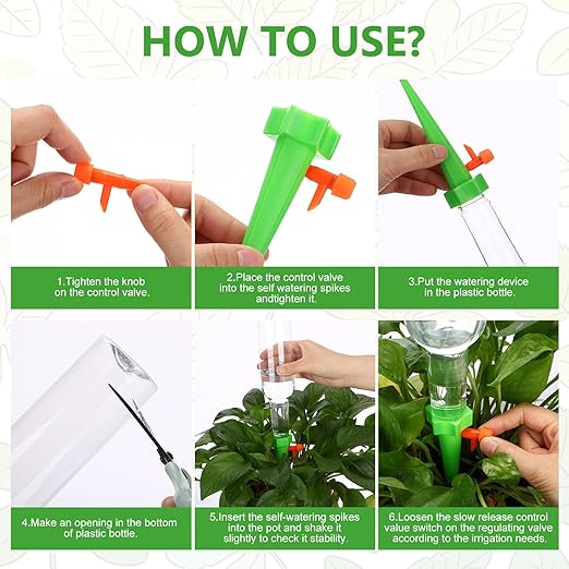 6 Set Plant Watering Devices with Self Watering Spikes Automatic Planter Insert Spikes with Bottle Waterer Devices with Adjustable Control Valve for Vacation Garden Indoor (13.5 oz Bottle)