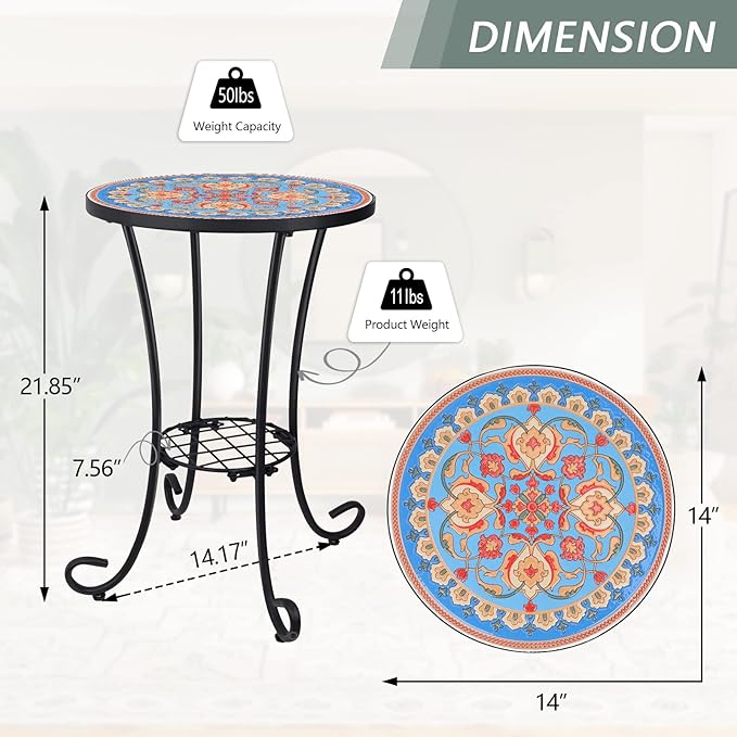 VCUTEKA Outdoor Side Table Mosaic Patio Table Accent Tables Mosaic Tile Top Metal Frame Small End Tables Porch Beach Patio Garden Balcony Blue 14''