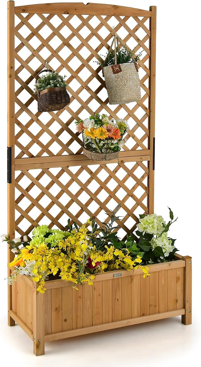Giantex Planter Raised Bed with Trellis, 71" Wooden Garden Bed, High Trellis for Vine Plant Flower Climbing Pot Hanging, Indoor & Outdoor Planter Box for Yard, Garden, Balcony