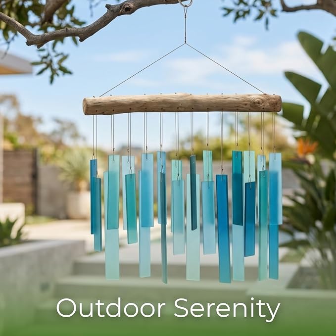 Solange & Frances Glass Wind Chimes for Outside. Handmade Hanging Wind Chimes Coastal Beach Decor with Natural Driftwood Top, Outdoor Decor Gift for Women, Gifts for Mom, Birthday Gifts for Women