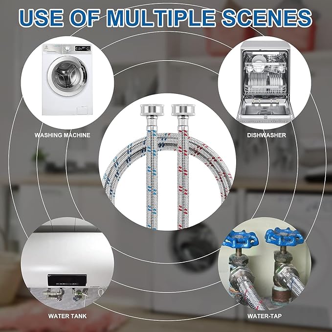 Washing Machine Hoses,Stainless Steel Washing Machine Hose 4ft -2 Packs Braided Premium Washer Hoses Supply Lines-washer hoses 4ft Hot and Cold Striped Water Connection